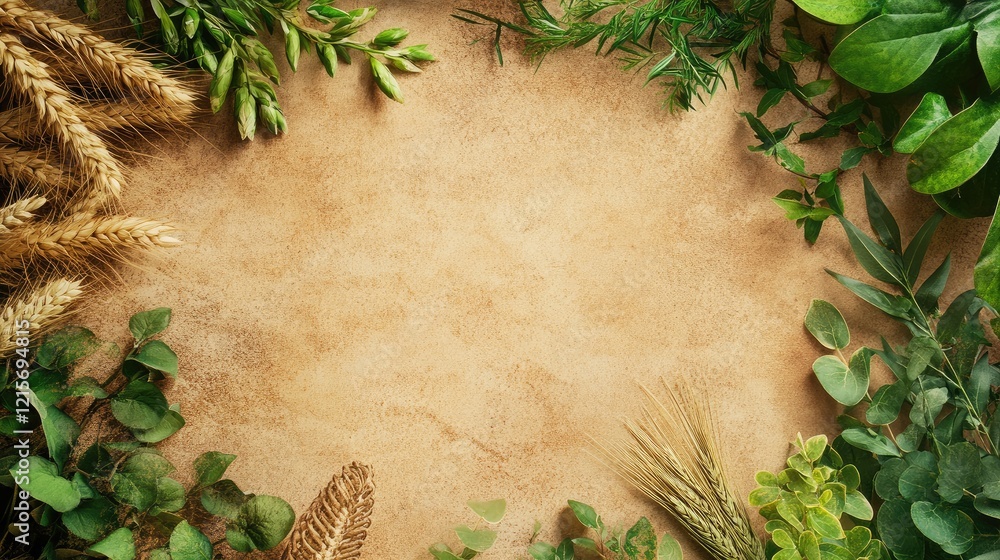 Poster natural textured background with various green foliage and wheat arranged around the edges, featurin