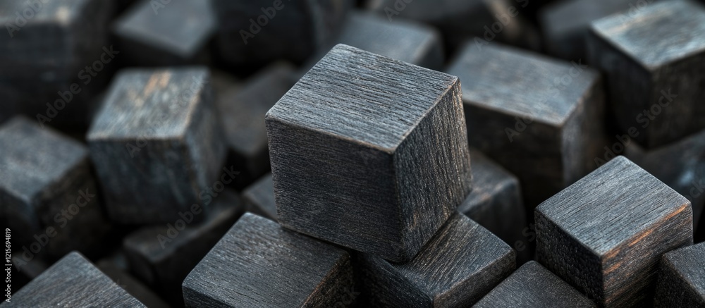 Poster close-up of dark wooden cubes stacked in random arrangement with textured surfaces suitable for back