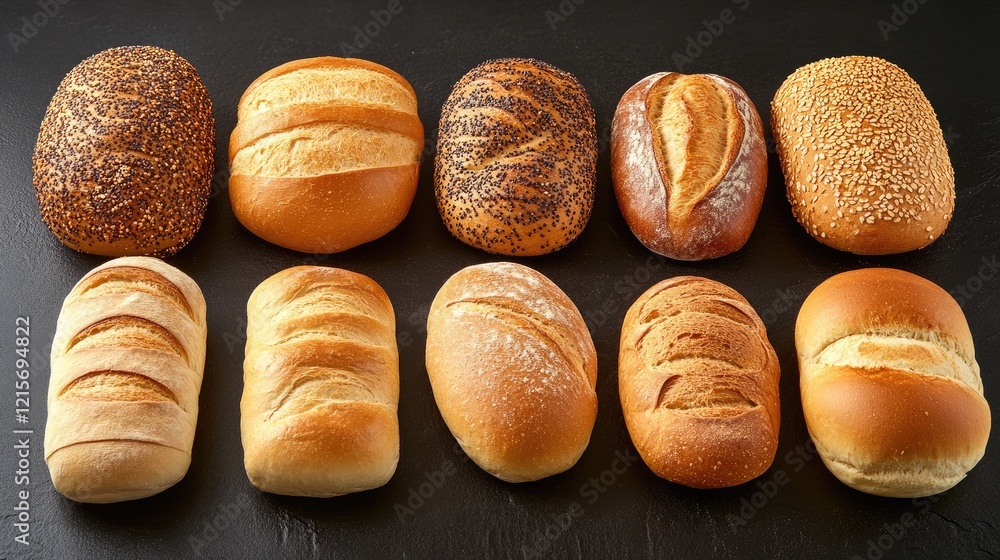 Poster assorted fresh breads on dark surface with copy space for text