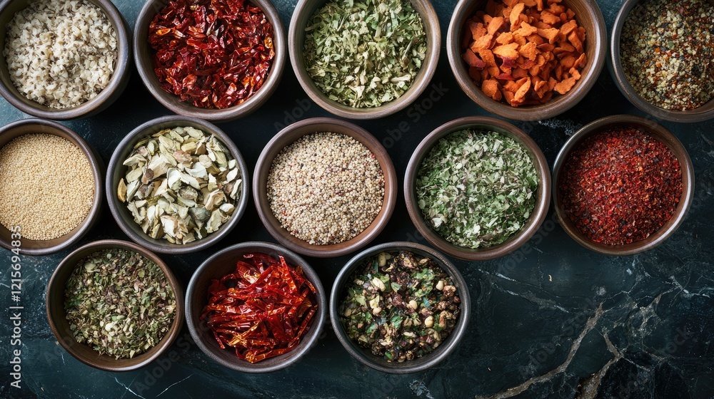 Poster various colorful spices in bowls arranged on a dark marble surface with copy space for text placemen