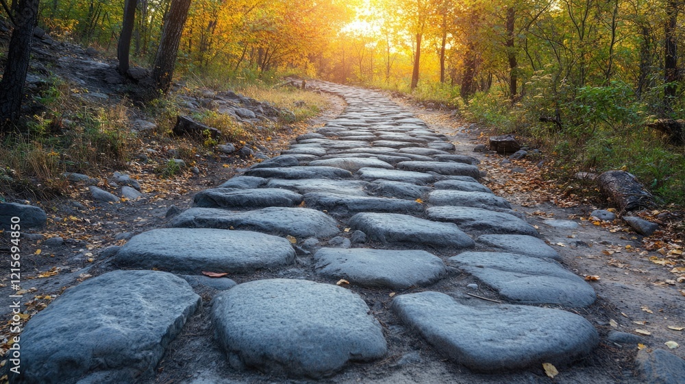 Poster cobblestone path in wooded area during autumn with golden sunlight illuminating trees and creating a