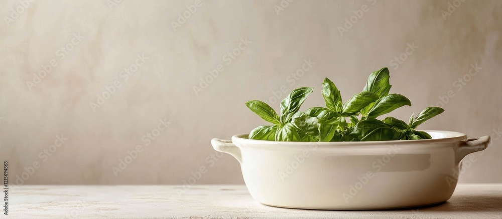 Poster fresh basil leaves in a white ceramic dish on a rustic wooden table with a neutral textured backgrou