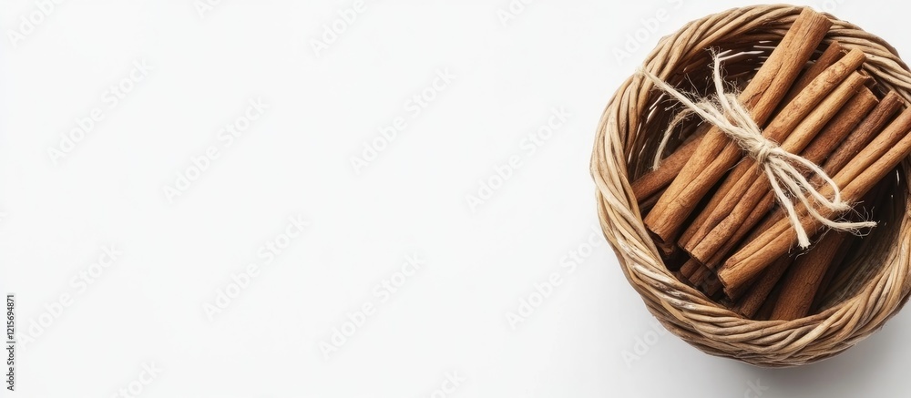 Aufkleber cinnamon sticks arranged in a woven basket with twine and copy space for text on a light background