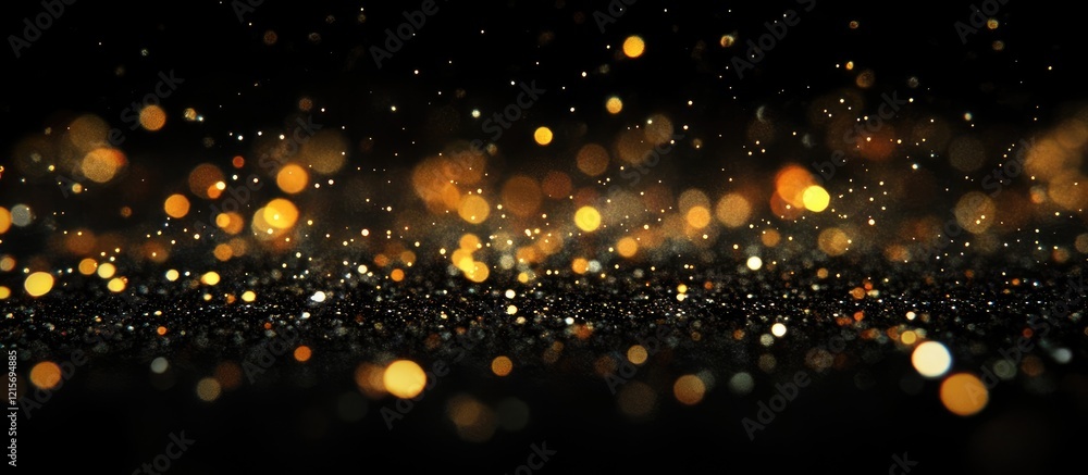 Poster golden bokeh lights on black background with sparkling dust particles and copy space for text placem