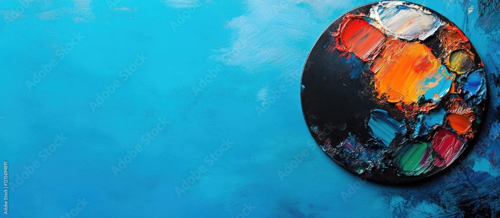 Poster colorful abstract painting with circular palette on blue background and ample copy space for design 