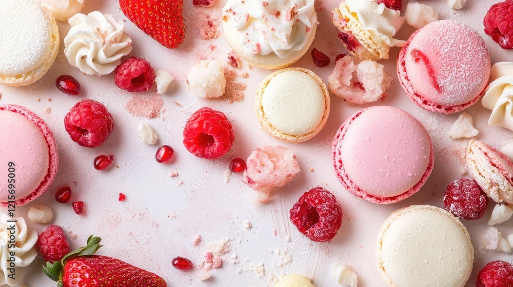Poster colorful assortment of macarons and berries on a white background with copy space for text placement