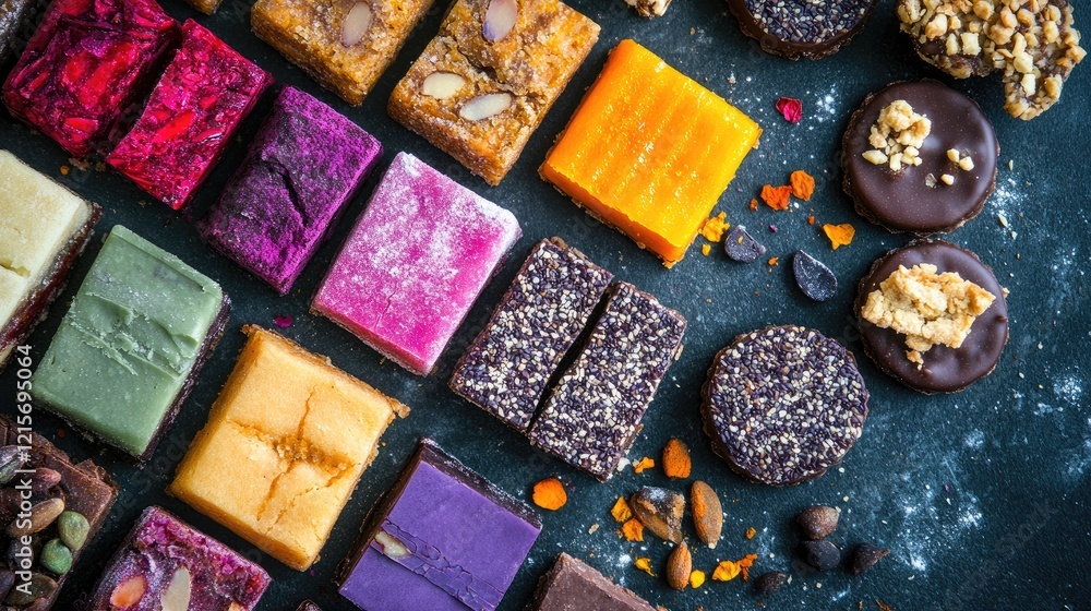 Aufkleber colorful assortment of handcrafted sweets and desserts arranged on dark background with textures and