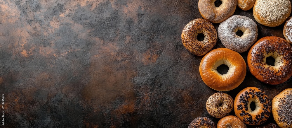 Poster Assorted bagels placed on a dark texture surface with copy space for text.
