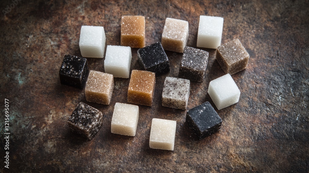 Aufkleber various sugar cubes in different colors and textures arranged on a rustic surface with copy space fo