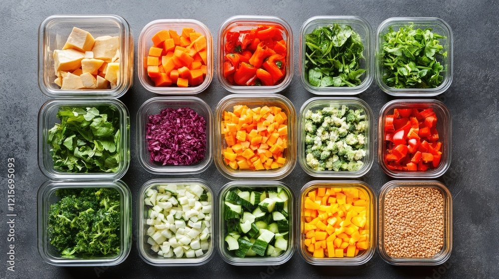 Poster assorted fresh vegetables and greens arranged in clear containers on a dark background copy space