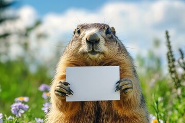 Fototapeta premium Cute Marmot Holding Blank Sign in Spring Meadow