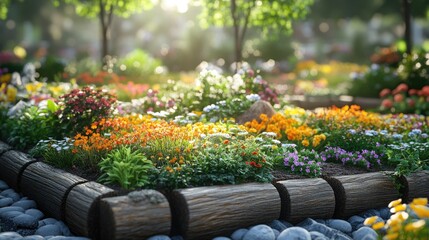 Vibrant flower garden landscape with wooden border and sunlight filtering through trees Copy Space