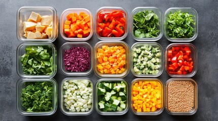 Assorted fresh vegetables and greens arranged in clear containers on a dark background Copy Space