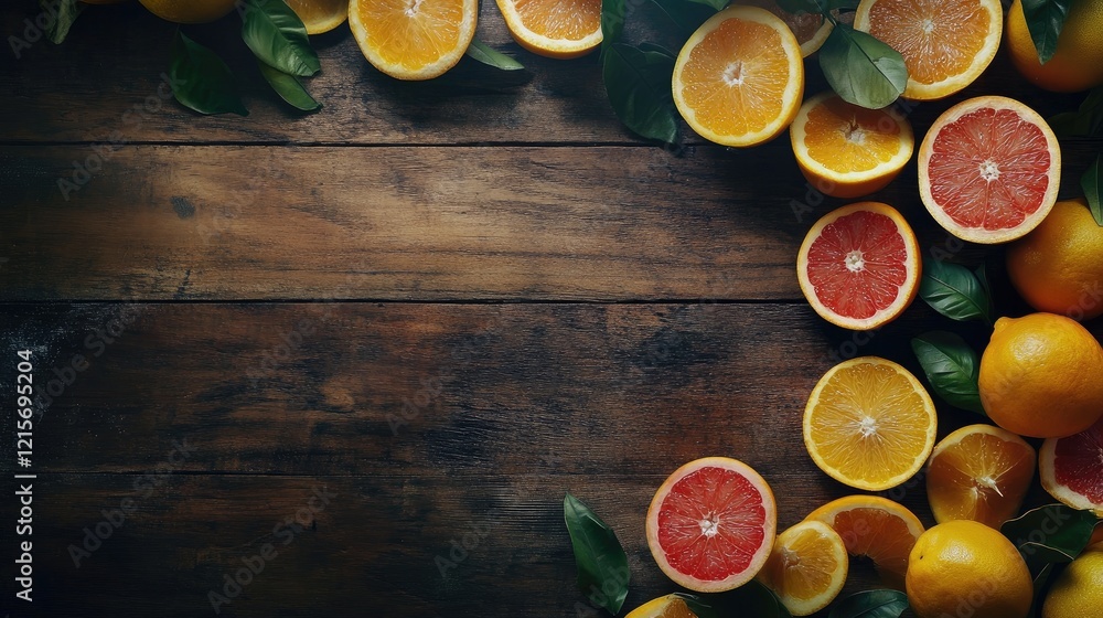 Aufkleber citrus fruits arrangement on wooden background with copy space for text layout showcasing oranges gr
