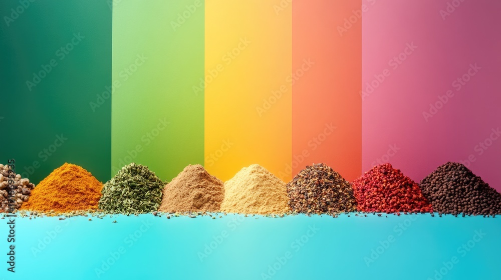 Poster colorful arrangement of various spices on a vibrant background with gradient shades and ample copy s