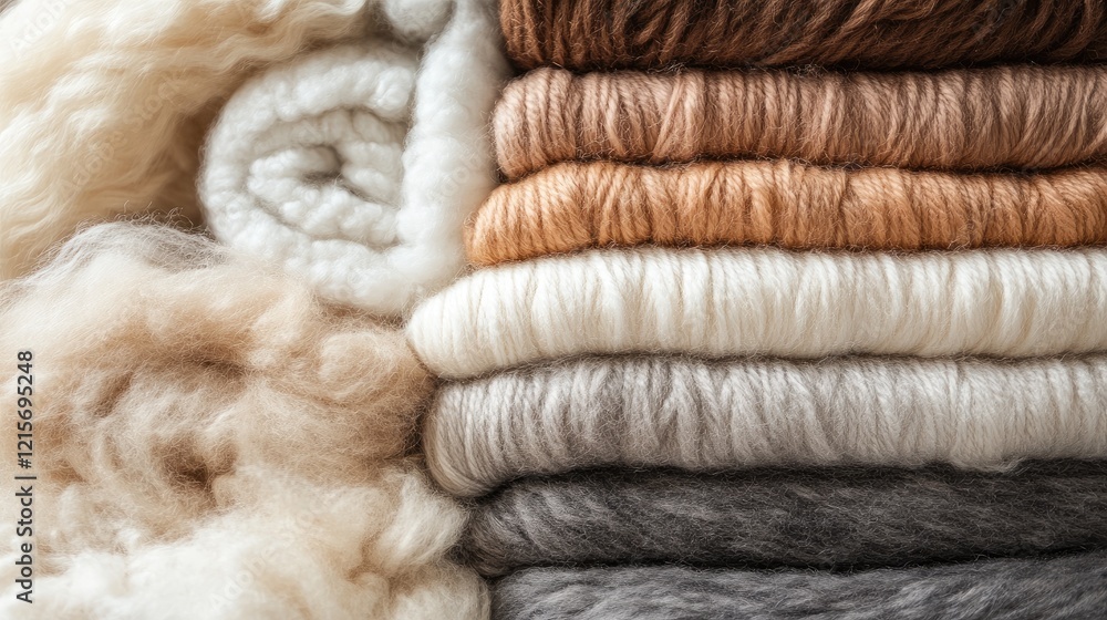 Poster stacked layers of assorted natural wool fibers in various neutral tones with a soft texture on a fla