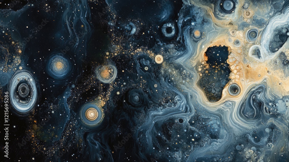 Poster abstract cosmic artwork featuring swirling galaxy patterns and luminous celestial bodies with a dark