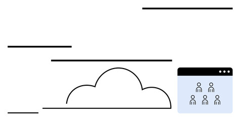Cloud surrounded by lines, web interface with user icons. Ideal for cloud storage, collaboration, digital data, technology solutions, team management, online communication, abstract line flat