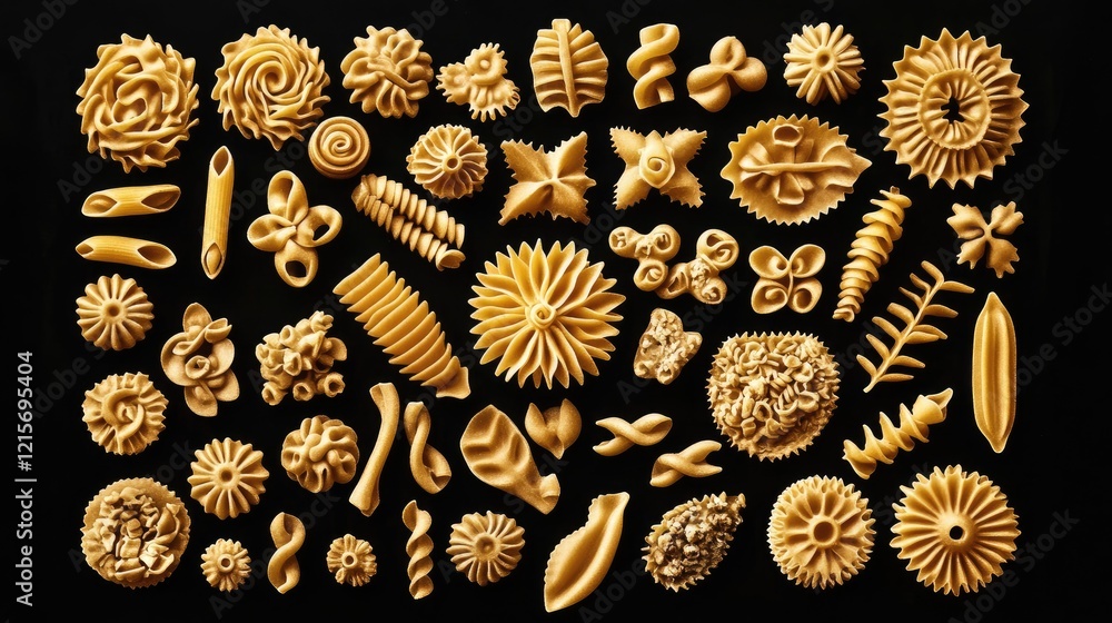 Poster variety of unique uncooked pasta shapes displayed on black background with copy space