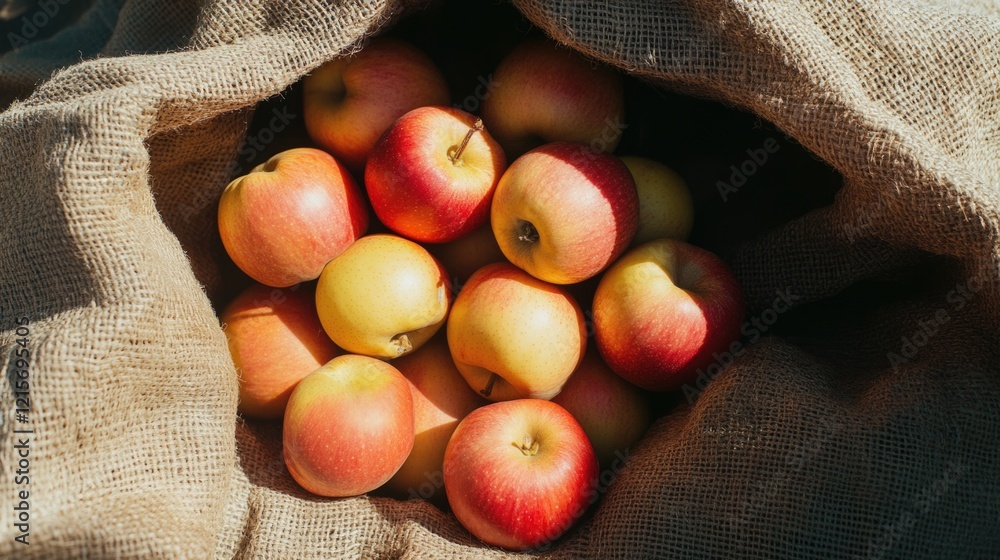 Aufkleber freshly harvested apples in jute sack with copy space for text and branding applications