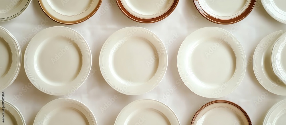 Poster array of empty ceramic plates arranged neatly on a white surface with brown rims copy space