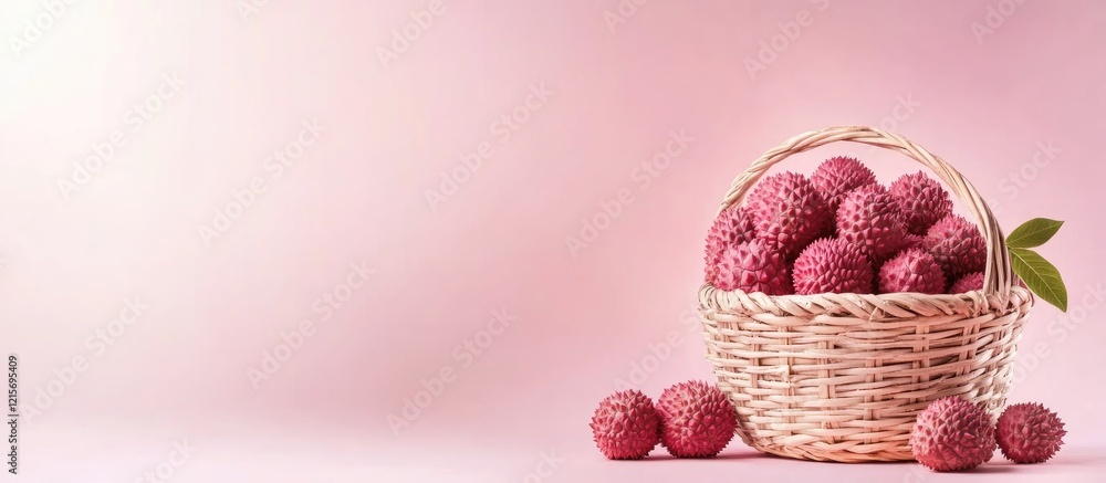Poster fresh lychee fruits in a woven basket on a soft pink background with copy space for text