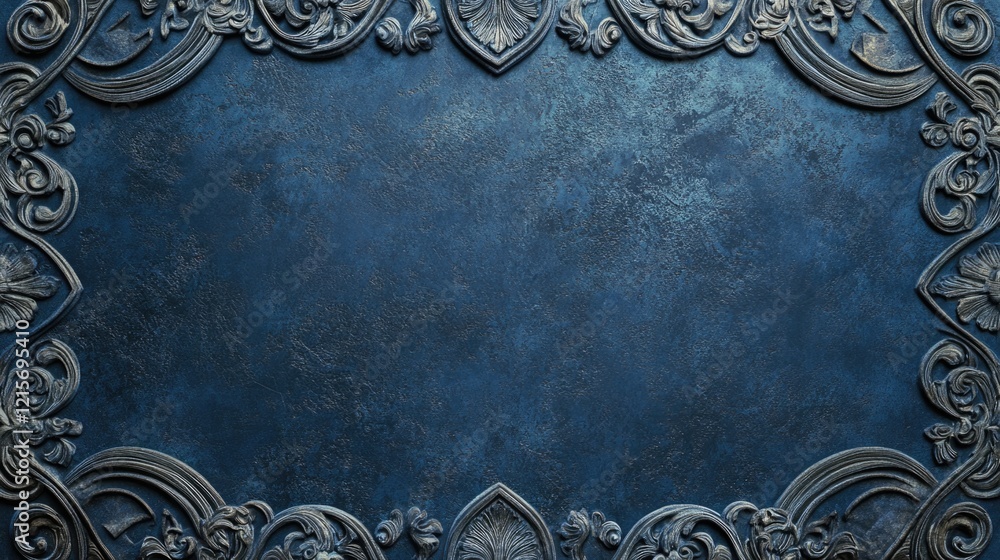 Poster decorative dark blue textured background with ornamental embossed frame design featuring intricate p