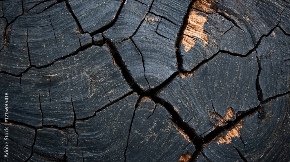 Poster close-up of weathered black wooden log texture with deep cracks and natural patterns suitable for ba