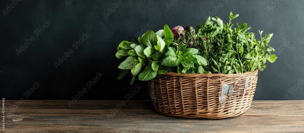 Poster fresh herbs in a wicker basket on a wooden table against a dark background with copy space for text 