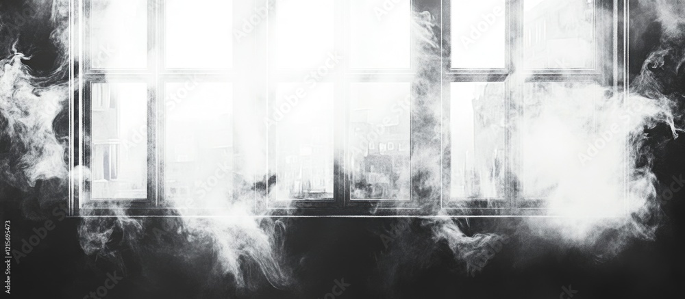 Poster misty window with smoke effect and light shining through, creating a dramatic atmosphere with copy s