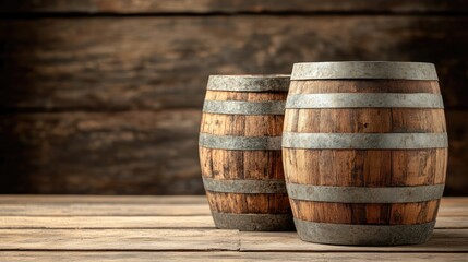 Wooden barrels with metal bands positioned on a wooden surface against a rustic background with ample copy space.