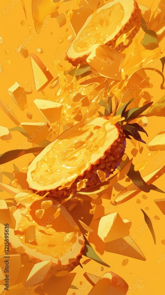Poster exploding pineapple juice splashing slices