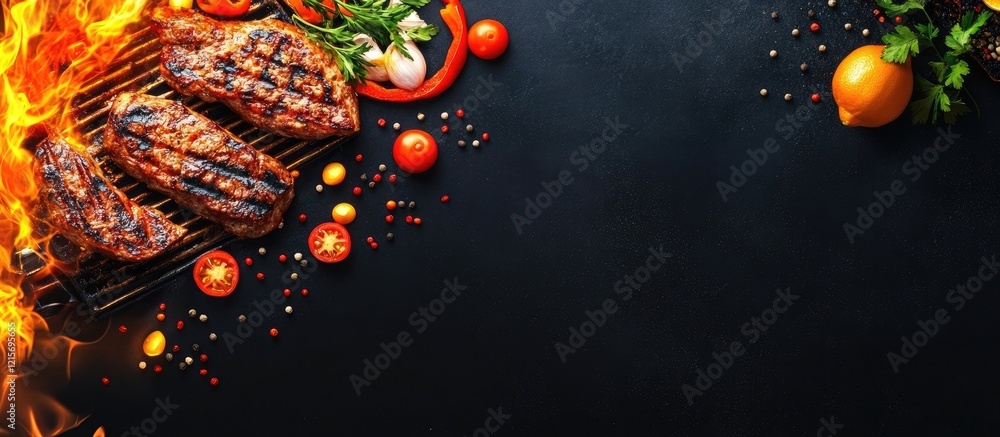Poster grilled meat with fresh vegetables and spices on a dark background with copy space for text placemen