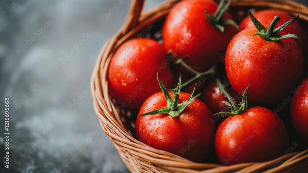 Poster fresh ripe tomatoes in a woven basket on a rustic gray background with copy space for text placement