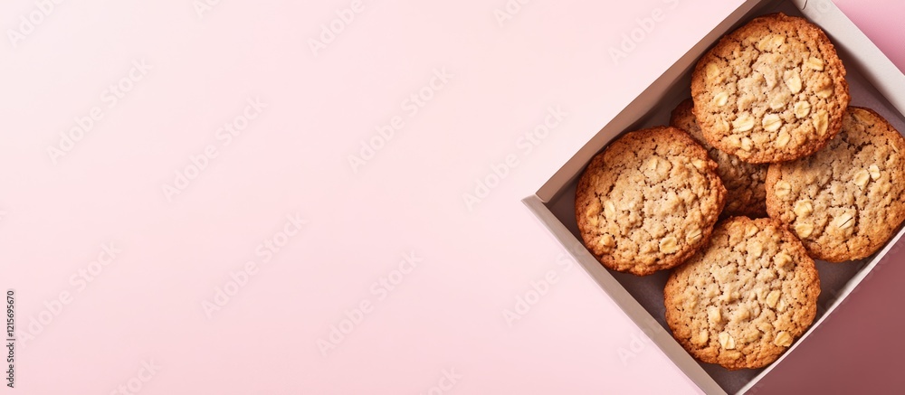 Poster cookies in a box on a pink background with copy space for text placement