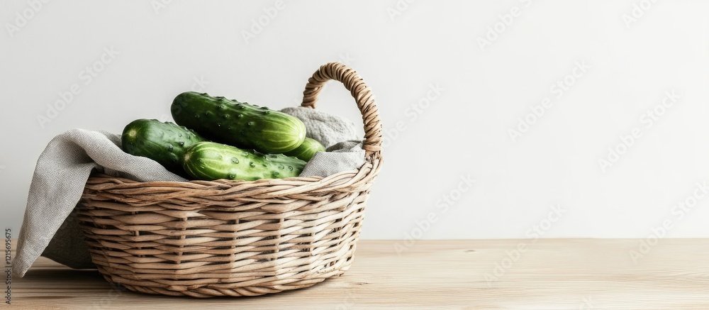 Poster fresh cucumbers in a rustic wicker basket on a wooden table with a neutral background and copy space