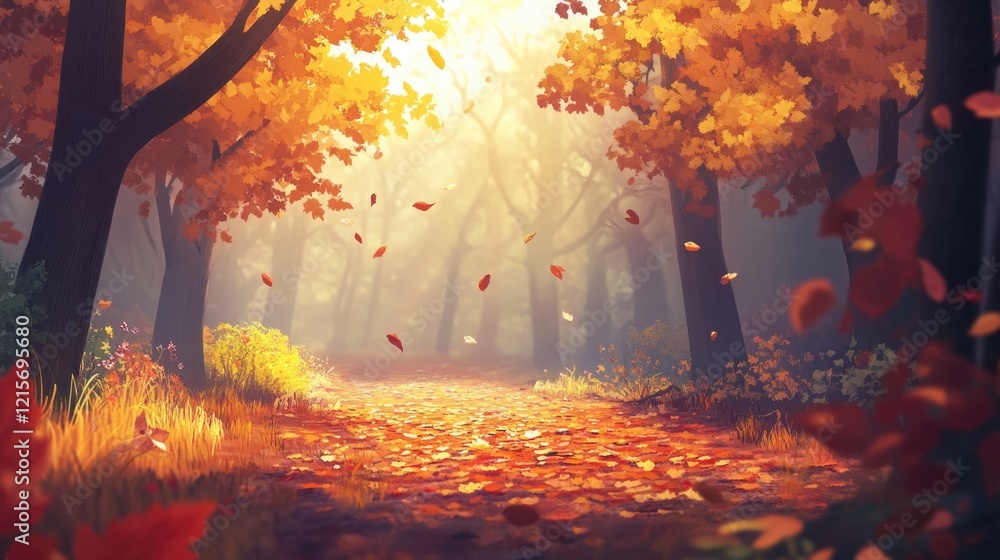 Poster autumn forest landscape with colorful leaves and soft sunlight filtering through trees copy space