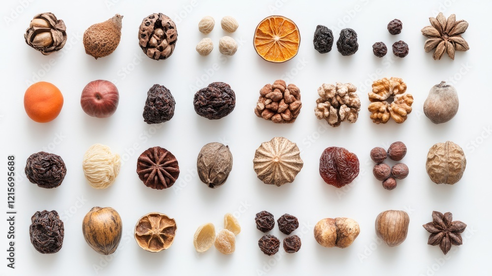 Poster assorted dried fruits and spices arranged on a white background with copy space for text insertion