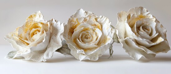Three White Rose Decorations with Soft Yellow Accents on a Plain Background Copy Space