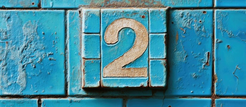 Weathered blue tile with the number two in a vintage style against a textured background Copy Space