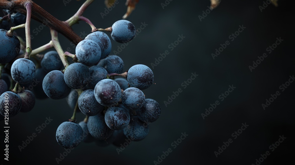 Poster ripe dark blue grapes on a vine branch against a dark blurred background with copy space for text