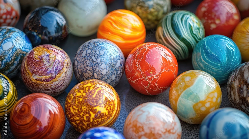 Poster colorful decorative marbles in various patterns and colors arranged closely on a surface with some c