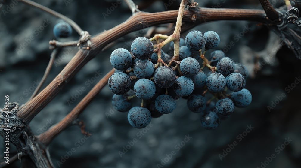 Poster blue grapes hanging from a vine against a textured background with visible details of the fruit and 