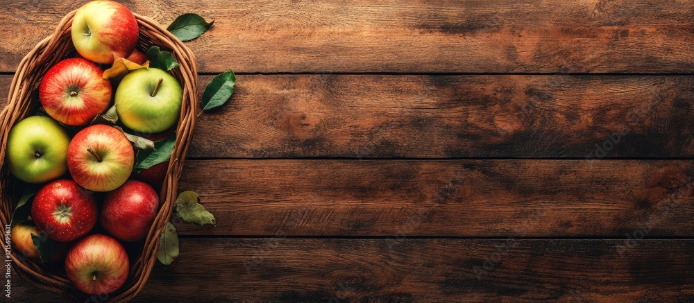 Poster freshly harvested apples in a wicker basket on a rustic wooden background with copy space for text.