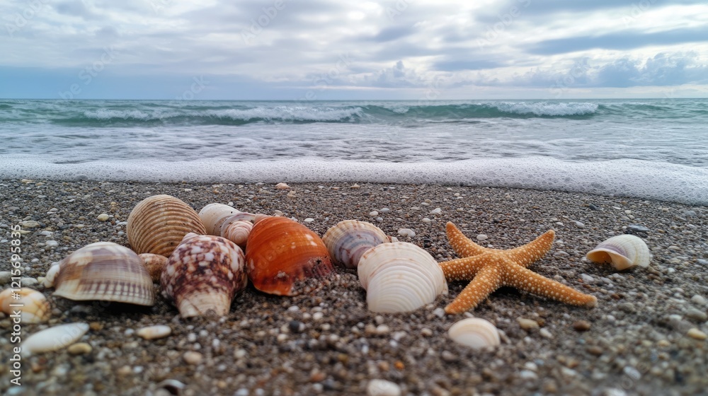 Poster close-up of various seashells and a starfish on a sandy beach with gentle ocean waves in the backgro