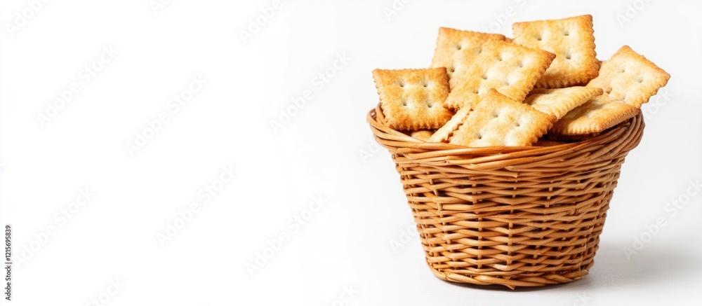 Poster basket filled with rectangular crackers on a white background with copy space for text placement