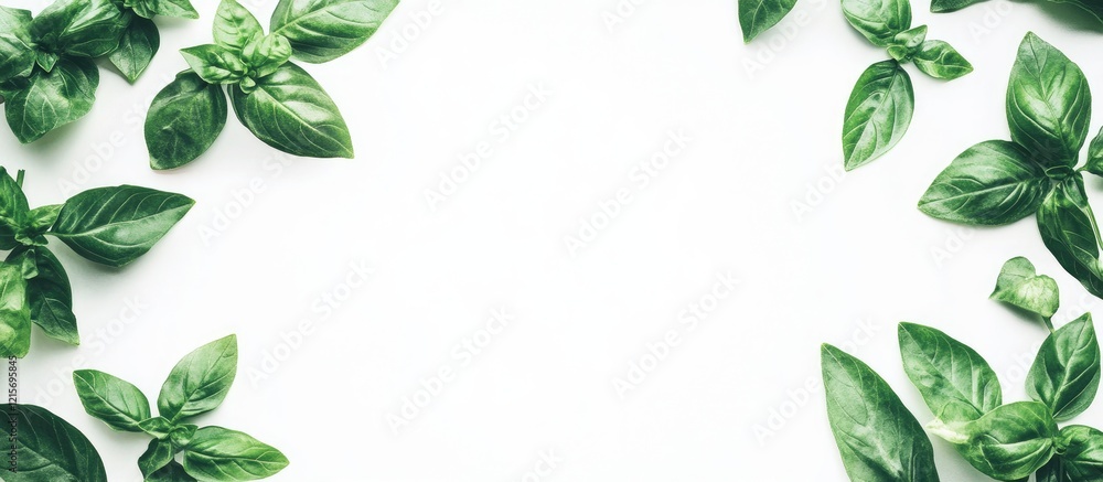 Poster fresh basil leaves arranged in a frame on white background with copy space for text insertion