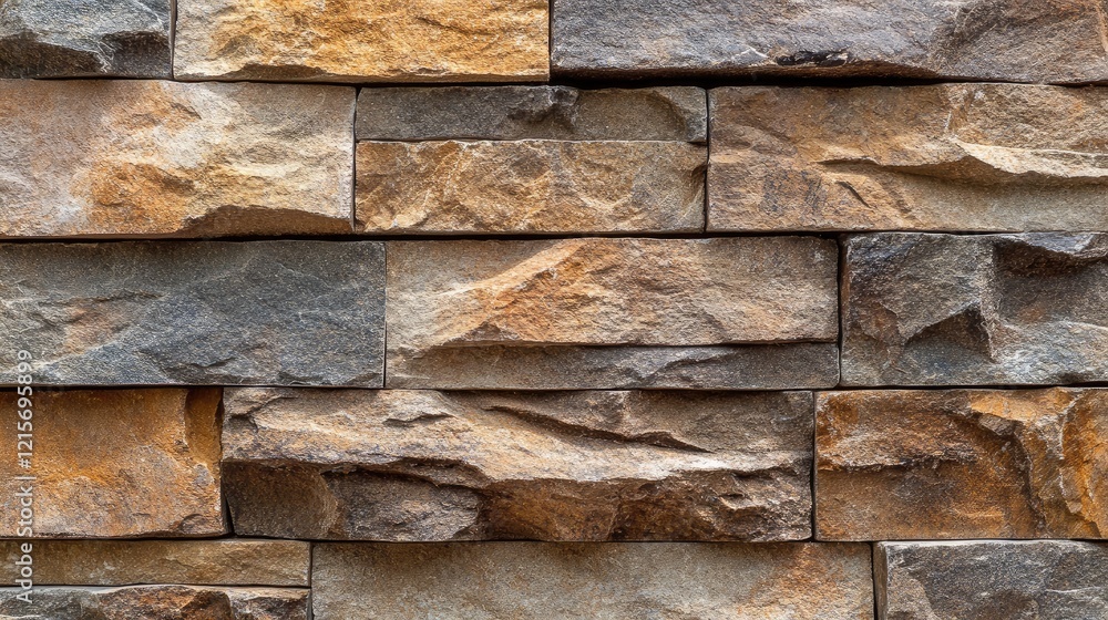 Poster textured stone wall with various shades of brown and gray stacked bricks providing a rugged surface 