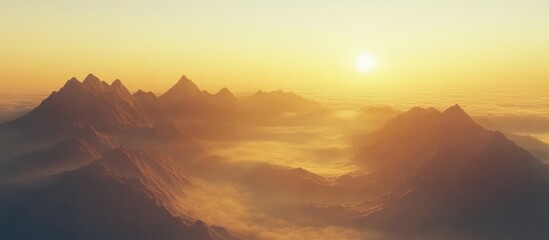 Golden sunrise over misty mountain landscape with soft clouds and distant peaks Copy Space