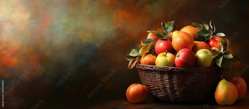 Poster basket of assorted apples and pears with leaves on a dark textured background with copy space for te
